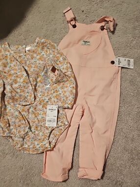 OshKosh B'gosh Light Pink Overalls with Floral Bodysuit